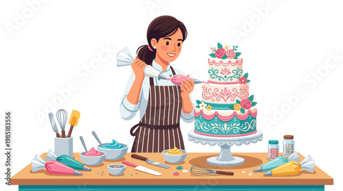 Woman decorating a beautiful tiered cake with frosting.