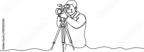 Filmmaker Capturing Scene with Professional Video Camera on Tripod, Minimalist Line Art