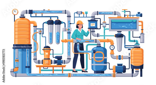 Woman Engineer Inspecting Complex Industrial Water Filtration System.