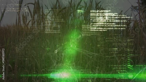 HUD overlay appearing over crop field, central green beam pulsing, scanning, monitoring agriculture