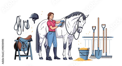 Woman Grooming White Horse with Equestrian Equipment.