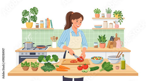 Woman happily chopping fresh vegetables in a bright kitchen.