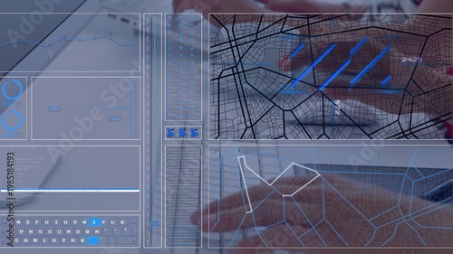 Vertical video: Two adults typing keys and making logistics HUD appear, updating map, route, charts