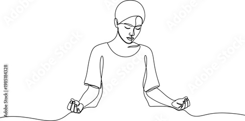 Continuous line drawing of a person contemplating, holding threads