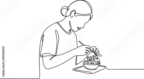 Woman's Hands Knitting with Yarn and Needles, Continuous Line Art Illustration