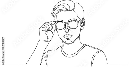 Stylish Man Adjusting Sunglasses, Minimalist Line Art Portrait