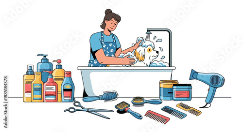 Woman grooming a fluffy white dog in a bathtub with grooming tools.