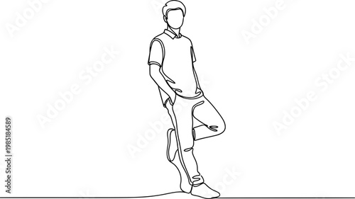One Line Drawing of a Young Man Leaning Against Invisible Wall, Casual Style