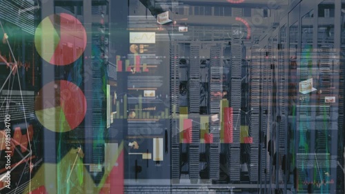 Translucent panels animating from left, sliding over racks, updating charts and monitoring load