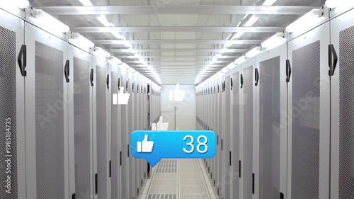 Blue bubble appearing in datacenter aisle, transforming into rising like counter showing engagement