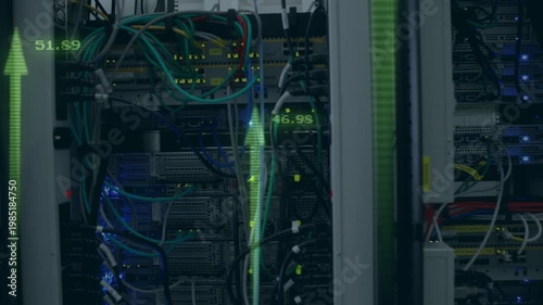 Vertical video: Tech monitoring sending metrics racks showing green arrows rising for performance