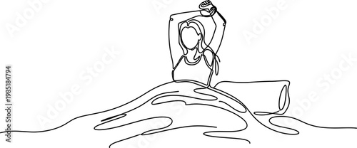Woman stretching arms in bed, waking up. Single line art illustration.
