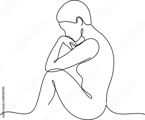Minimalist line art of a person in a fetal position, conveying solitude and introspection.