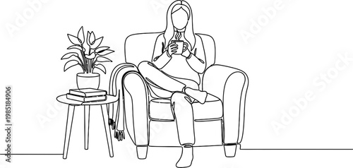 Woman relaxing in armchair with coffee and plant, continuous line art