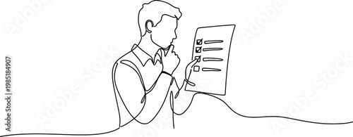 Man contemplating a checklist, continuous line drawing, concept of decision making