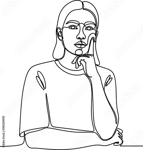 Continuous line drawing of a thoughtful young woman with glasses, contemplating with hand on chin.