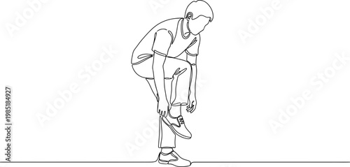 Continuous line drawing of a boy tying shoelaces, minimal black and white sketch.