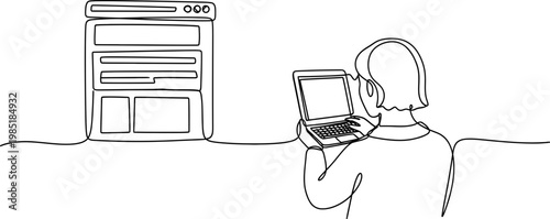 Person with laptop working on web design or online content creation, minimalist line art