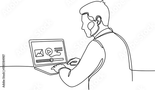 Man using laptop, digital content creation, one line drawing illustration