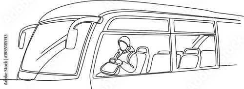 Line art illustration of a person driving a bus, focused on steering wheel and road ahead