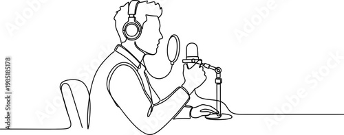 One line drawing of a person in headphones speaking into a microphone, podcasting or recording.