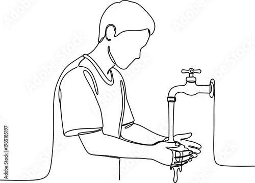 Continuous line drawing of a person washing hands under running water from a faucet.