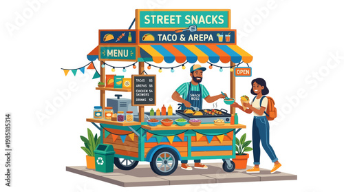 Vibrant Street Food Cart Serving Tacos and Arepas.