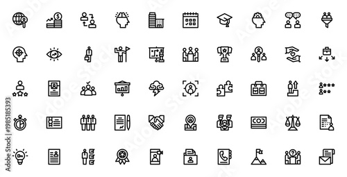 Head hunting icon set. Business recruitment vector icons. Includes search, interview, candidate, CV, skills, contract, salary, team and more. Editable thin line icons.