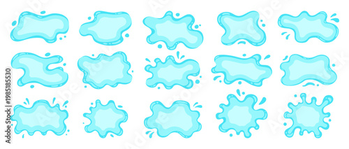 Liquid shapes and frames with uneven wavy edges set. Fluid puddles, splashes, drops blobs blue stains. Rounded organic forms. Smooth glossy blotches, soft spills drips abstract shapes text backgrounds