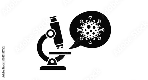 This vector graphic illustration depicts a scientific microscope focusing on or detecting a coronavirus cell icon within a thought bubble, symbolizing research and discovery of infectious diseases.