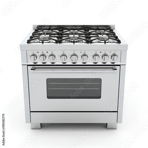 Modern stainless steel gas range oven for home cooking.