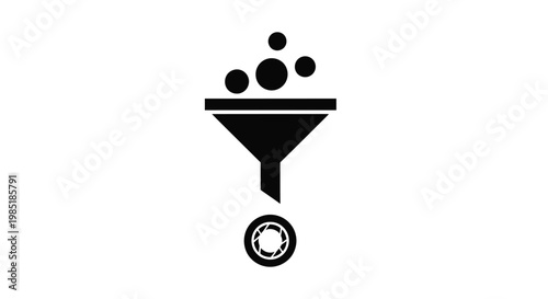 Abstract vector graphic design illustrating a funnel icon filtering diverse input elements into a sharp camera aperture symbol, symbolizing data processing and content refinement.