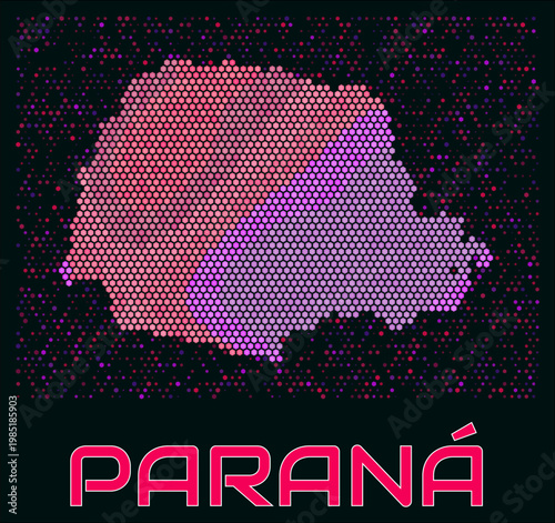 Parana digital style hexagon map. Vibrant magenta purple pink neon dotted shape. State tiny bright hexagon cells. Parana honeycomb map design. Elegant Vector Illustration.