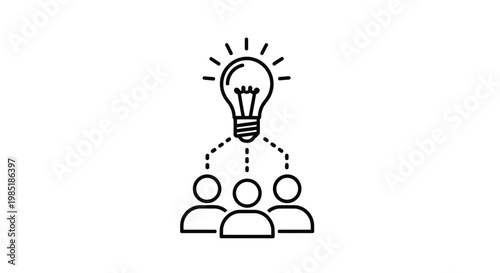 A simple vector graphic illustration of a bright lightbulb illuminating three interconnected stylized person icons, representing shared ideas and collective collaboration for innovation.