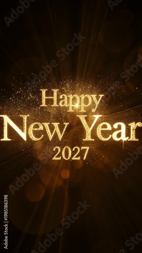 Happy new year celebration greeting card with gold glitter sparkle bokeh, elegant golden 2027 festive holiday text dark background