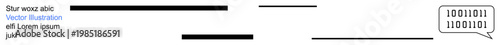 Digital communication, data sharing, coding, technology, programming, text usage. Binary code inside a speech bubble with textual elements and lines. Digital communication and data sharing concept