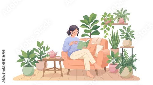 Woman reading a book surrounded by plants.