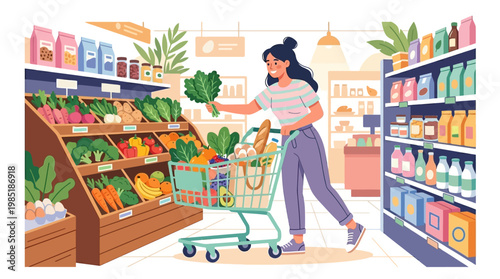 Woman pushing shopping cart filled with groceries.