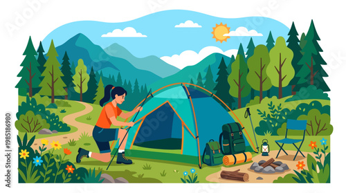 Woman setting up tent in scenic mountain campsite.