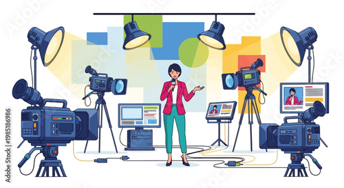 Woman speaking in a television studio with cameras and lights.