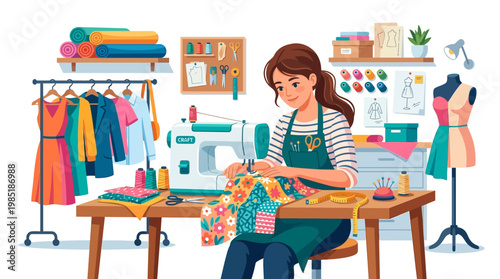 Woman sewing fabric on a sewing machine.