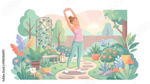 Woman stretching in a serene garden setting.