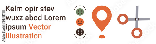 Feedback collection, customer reviews, navigation, location tracking, editing tools, creative workflow. Traffic light style emotions, location pin scissors icon. Feedback collection and navigation