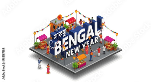 Isometric illustration of a vibrant Bengali New Year celebration in India, showcasing traditional stalls and people in cultural dress against a clean white background, with a festive