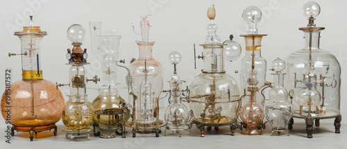 An intricate collection of elaborate vintage glass and metal scientific instruments, showcasing complex mechanisms and varying transparent colors