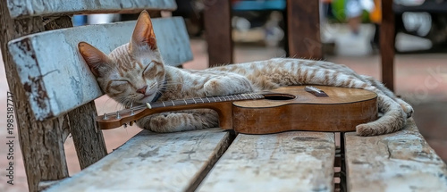 An orange tabby cat peacefully sleeps on a rustic wooden bench, its paws gently resting across a small acoustic guitar in the sunlight
