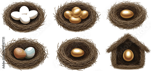 Bird nest vector set featuring golden eggs, white eggs, and speckled eggs in straw nests for nature, finance, and investment concepts.