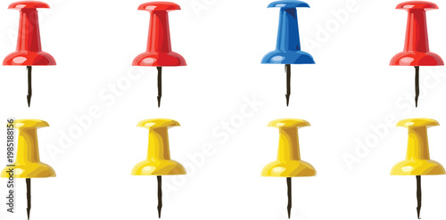 Colorful Push Pin Icon Set Featuring Red, Blue, and Yellow Thumbtacks for Stationery, Office Supplies, Notice Boards, Map Markers, and School Equipment Designs