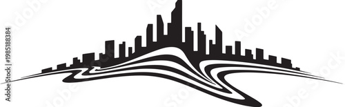 Abstract cityscape with modern skyscrapers and dynamic wave-like lines vector art illustration