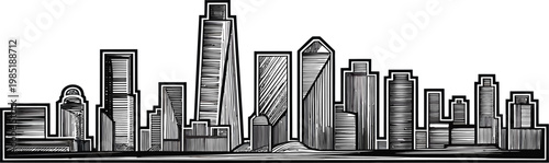 Detailed cityscape skyline silhouette, modern buildings, high rise architecture, graphic art